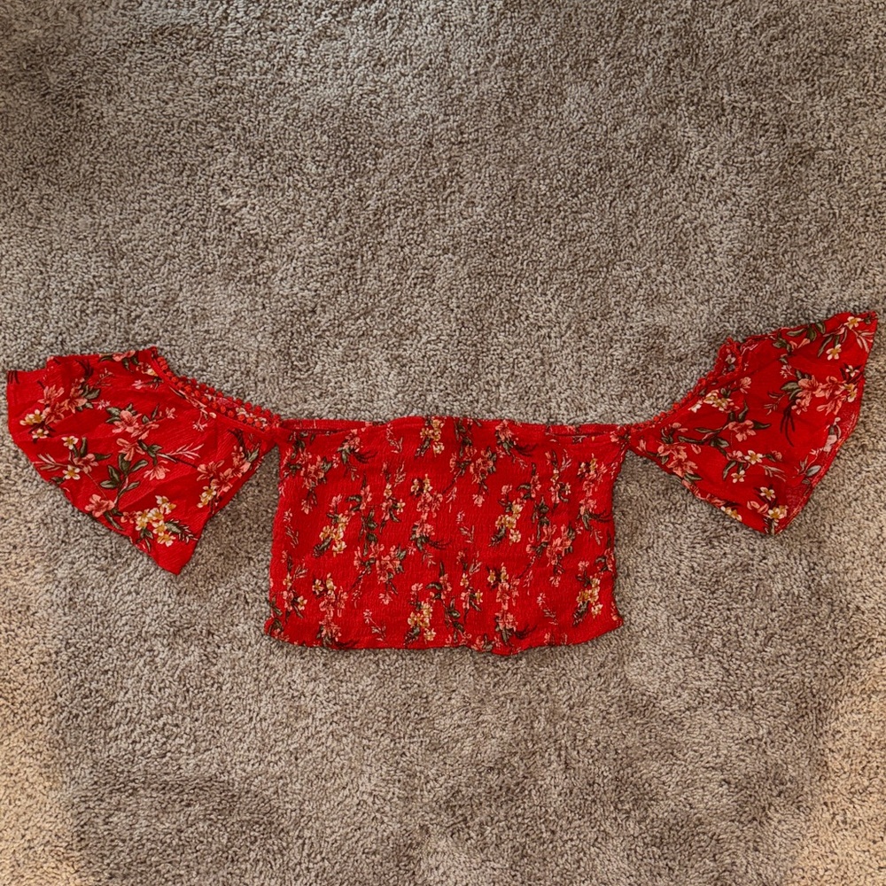 American Eagle Outfitters Red Floral Off-Shoulder Smocked Crop Top